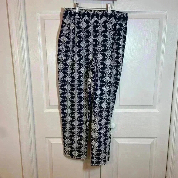 Zara Basic Women's Navy|Ivory Eyelet Embroidered Print Pants with Pockets Size S - Picture 1 of 12